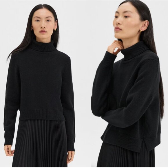 NWT THEORY Relaxed Fit Pima Cotton Knit Turtleneck Sweater in Black Size 6 - Picture 1 of 9